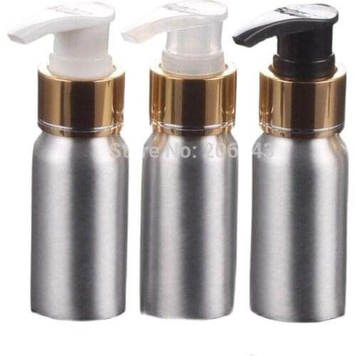 100pcs 30ml Aluminium bottle metal bottle with transparent /white/black press pump gold collar