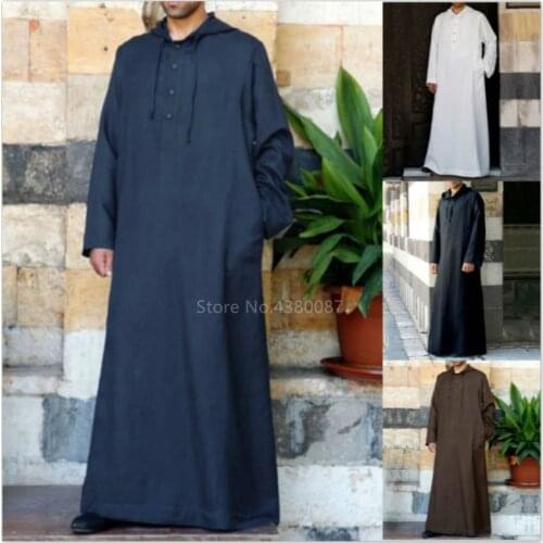 2020 Muslim Robe Hoodies Kaftan Dressing Mens Saudi Arab Dubai Long Sleeve Thobe Arabic Long Islamic Jubba Thobe Man Clothing