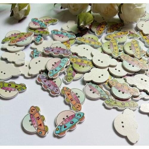 50pcs New Arrivals 28x18mm Random Mixed 2 Holes Cartoon UFO Transportation Wood Sewing Buttons Scrapbooking