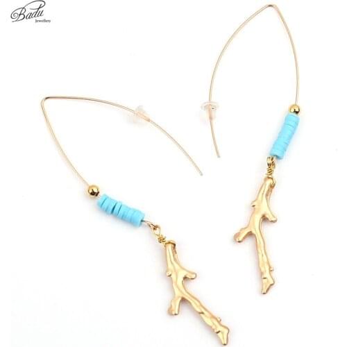 Badu Gold Dangle Earrings Long Pendant Branch Blue Polymer Clay Women Jewelry Bohemian Earring V Style Summer Fashion