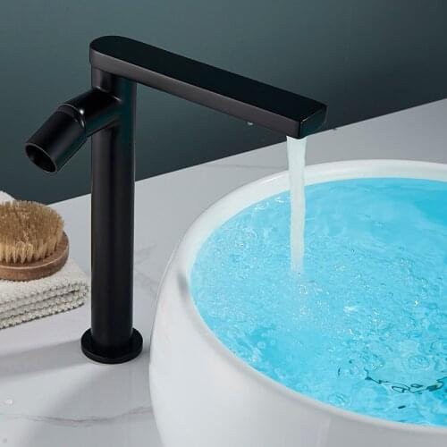 Black Basin Brass Sink Faucet Hot & Cold Water Mixer Washroom Faucets One Handle Switch Crane Cylinder Tap Simple shape
