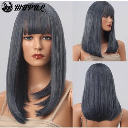 Long Cyan Grey Straight Daily Synthetic Wig With Bangs For White Women Cosplay Natural Fiber Heat Resistant Hair Party Wigs