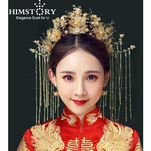 Himstory Traditional Chinese Bride Headdress Headband Gold Long Tassel Butterfly Hairwear Costume Wedding Accessories Jewelry