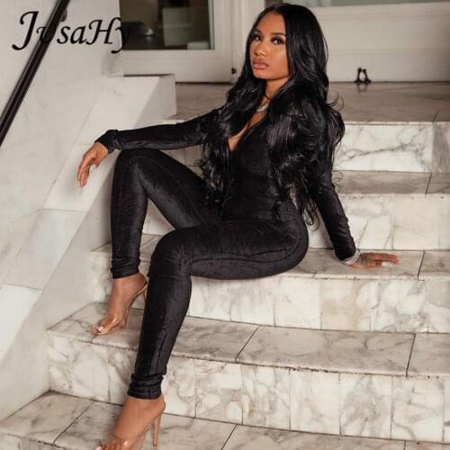 JuSaHy Solid Casual Jumpsuit for Women Hipster Flocking Zipper V-Neck Sheath Full Sleeves Cleavage Biker Style Female Streetwear