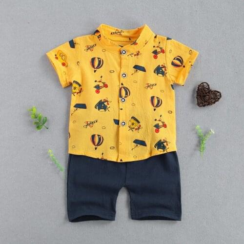 Summer Little Boys Shirt Shorts Set, Toddler Creative Fire Balloon Plane Printing Short Sleeve Stand Collar Top + Short Trousers