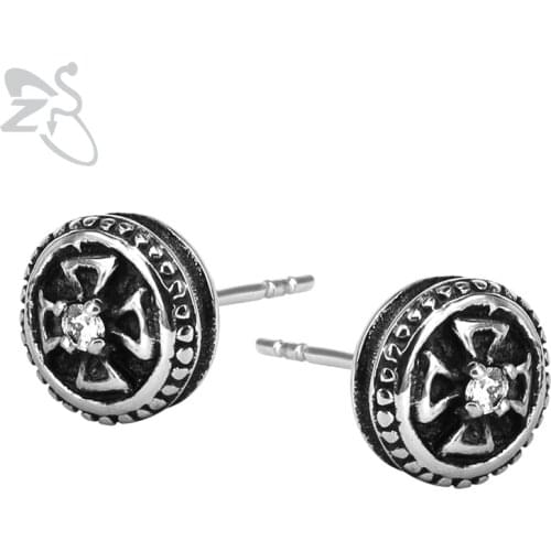 ZS Small Stainless Steel Cross Earrings Round Shape Ear Stud for Men Women Vintage Punk Style Jewelry Gothic Earring Accessories