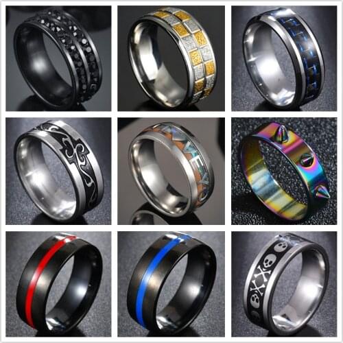 Mens Fashion 8MM Black Thorn Jewelry Stainless Steel Ring Blue Groove Men Wedding Ring Gifts For Men