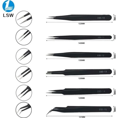 6pcs ESD Anti-Static Stainless Steel Tweezers Set Maintenance Repair Tool Kit Anti Static Model Making Tool Hand Tool Set