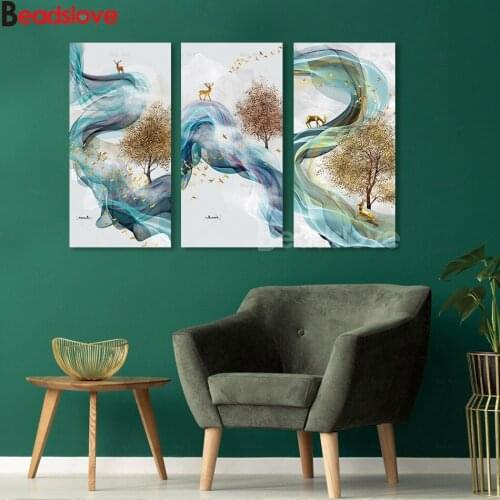 Full 3 pcs 5d diamond embroidery Creative Abstract Colorful Flow Smoke Golden Deer Flying Birds tree diy diamond painting