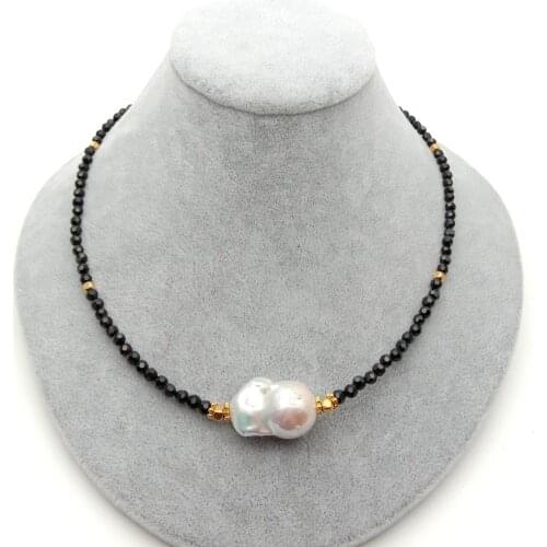 18" Natural 4mm Faceted Black onyx round White Keshi Pearl chokers Necklace luxury style party for women
