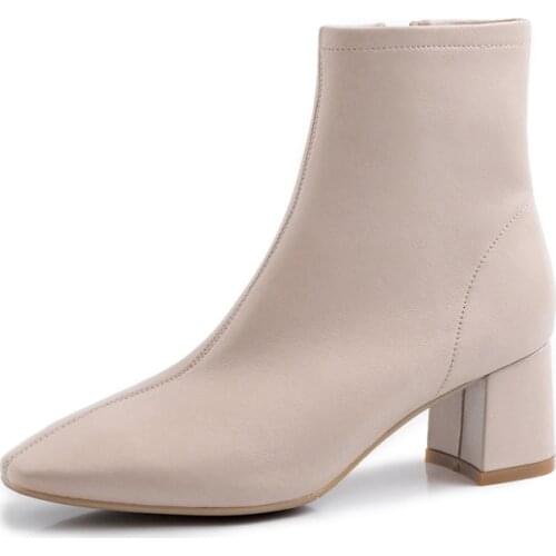 Meotina Natural Genuine Leather Block High Heel Short Boots Sheepskin Ankle Boots Women Zip Square Toe Shoes Lady Autumn Winter