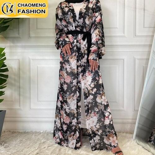 New Design Chiffon Print Floral Caftan Open Turkish Muslim Fashion Dresses Abaya Dubai Islamic Clothing Middle East Cardigan