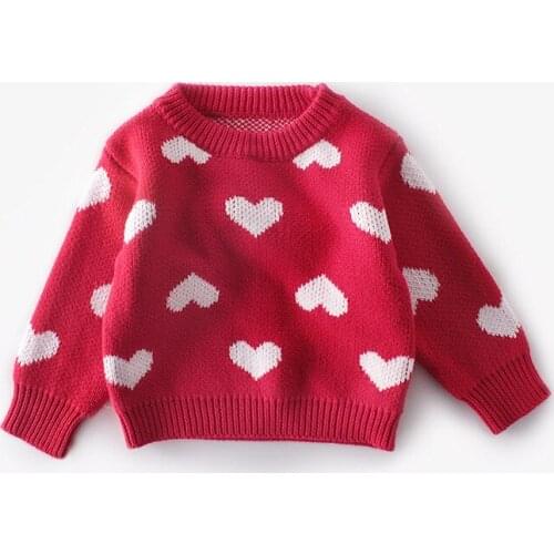 DFXD 2021 Spring New Design Newborn Girls Long Sleeve Love Heart Pullover Sweaters Cotton Red O-neck Knitted Tops Girls Sweaters