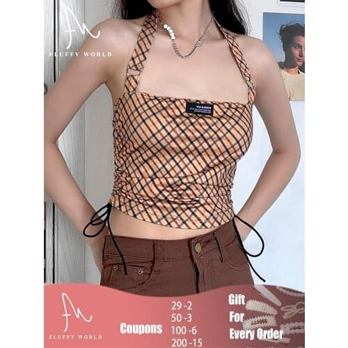 Y2K Brown Plaid Crop Top Sexy Harajuku Halter Sleeveless Backless Tank Casual Drawstring Short Lace Up Party Beach Camis Summer