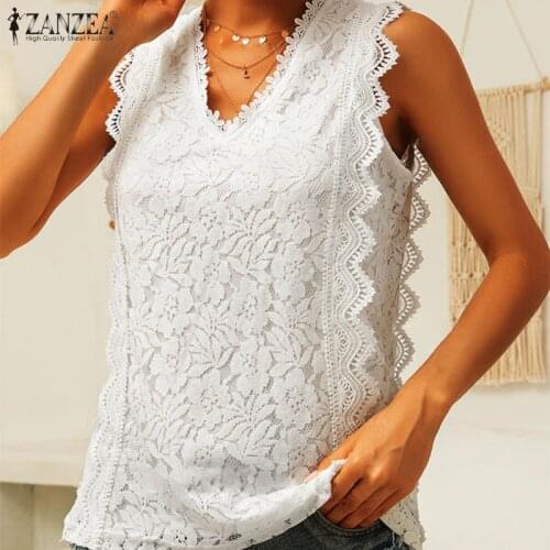 ZANZEA Women Sleeveless Blouse Summer V Neck Lace Crochet Tanks Tops Solid Party Blusas Chemise Elegant Office Lady White Shirts