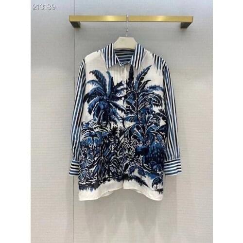 Fashion Runway Summer Women Elegant Stripes Print Long Sleeve Single-breasted Loose Female Vintage Hot Sale Shirt