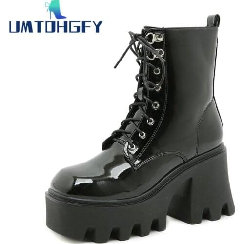 Retro Martens Lace Up Zipper Autumn Modern Boots Womens Ladies 9.5cm Chunky Wedge Platform Black Patent Leather Ankle Punk Goth