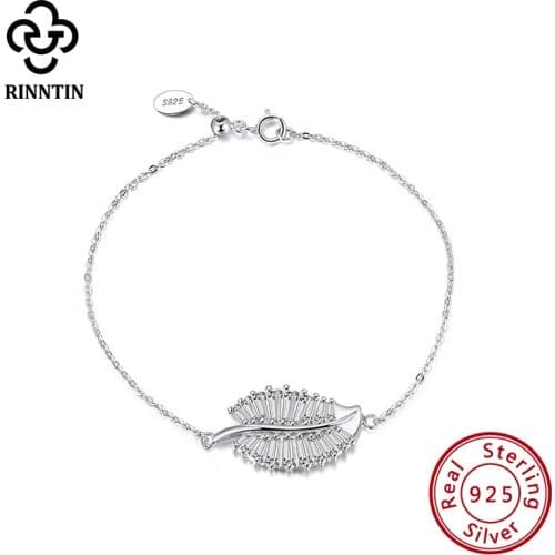 Rinntin Real 925 Sterling Silver Bracelet Foliage Shape Glittering AAAA Cubic Zircon Thin Chain For Women Dating TSB82