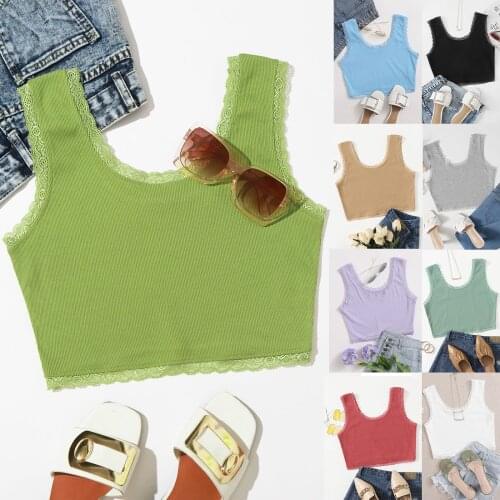 Womens summer short vest solid color lace casual style comfortable fabric Sleeveless Ladies' tops sundress топ женский M