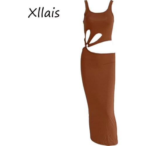 XLLAIS Women 2021 Summer Sleeveless Button Stitching Robe Cut Out Bodycon Maxi Dresses New Arrivals
