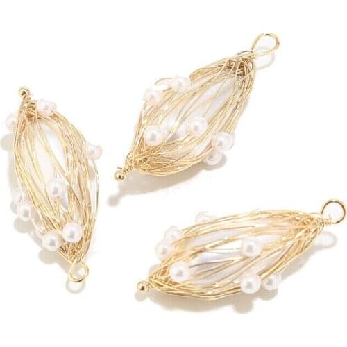 4pcs Real Gold Plated Brass 11*34mm Wire Wrapped Pearls Charm Pendents Accessories For Women DIY Jewelry Earring Making Findings