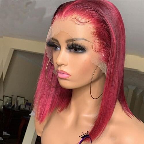 99J Red Blunt Cut Short Bob Glueless 13x4 Lace Front Wigs For Fashion Women Natural Straight Synthetic With Baby Hair