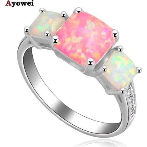 AYOWEI New for lovers Green & Red fire Opal silver color Stamped Rings dinner Princess fashion jewelry USA Size #6#7#8#9 OR620A