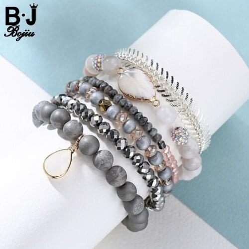 BOJIU 6pcs/Set Womens Jewelry Crystal Wood bead Leaf Shell Connector with White Pear Pendant Fish Bone Metal Bracelets BCSET35