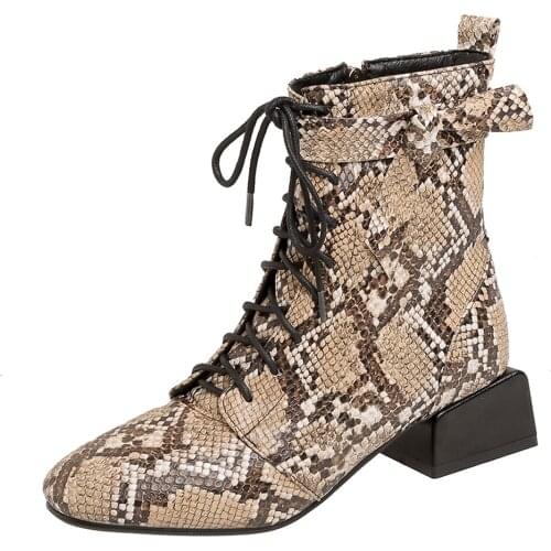Square Heel Cross Strap Yellow Snakeskin Pattern Ankle Boots Brown Stone Pattern Short Plush Mid-Heel Rider Boots