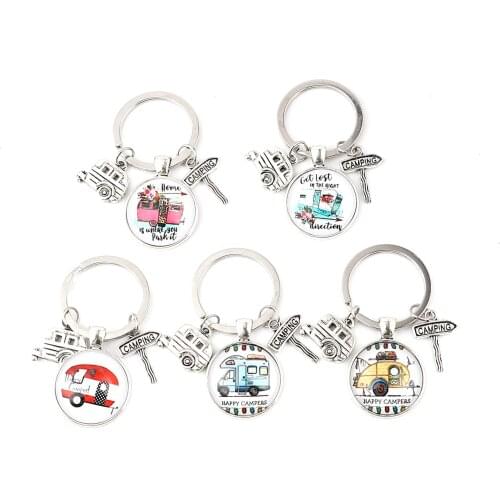 DoreenBeads Creative Keychain Antique Silver Color Round Car Message"CAMPING" Charms 63mm Keyring For Women Key Bag Jewelry,5PCs