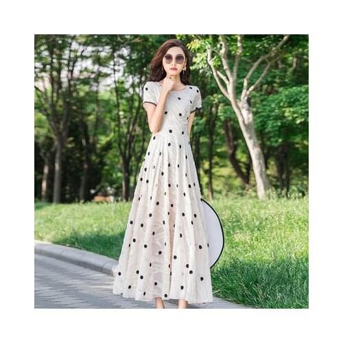 Wave Point Elegant Short Sleeve O-neck Ankle-length A-line Chiffon Black Beige White Red Big Swing Party Cocktail Dresses 9358