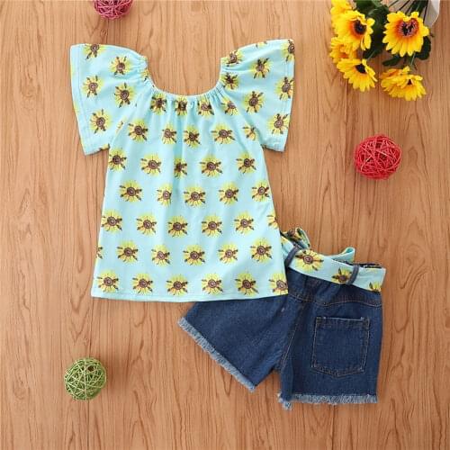 2Pcs Sweet Style Little Girls Outfit, Summer Rainbow/Sunflower Printing Short Sleeve Tops + Ripped Denim Shorts with Belt Set