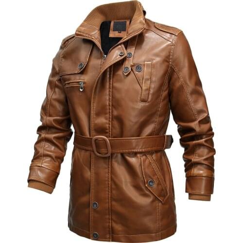 Nice Mens Mid Long Winter Leather Jacket Coats Men Vintage Motorcycle Leather Jackets Male Large Size Windbreaker Warm Outwear