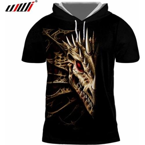 UJWI Mens Hooded Short Sleeve T Shirts Print Dragon Skull 3d T-shirts Man Bodybuilding Fitness O Neck Cap Undershirts Hoody 7xl