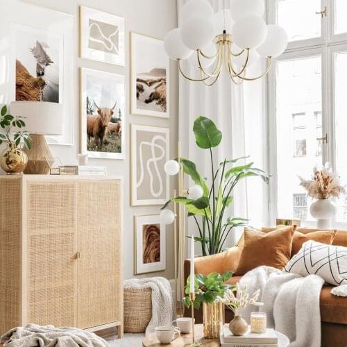 Wall Art Canvas Painting Beige Line Nordic Highland Cow Beach Posters And Prints Landscape Wall Pictures For Living Room Decor