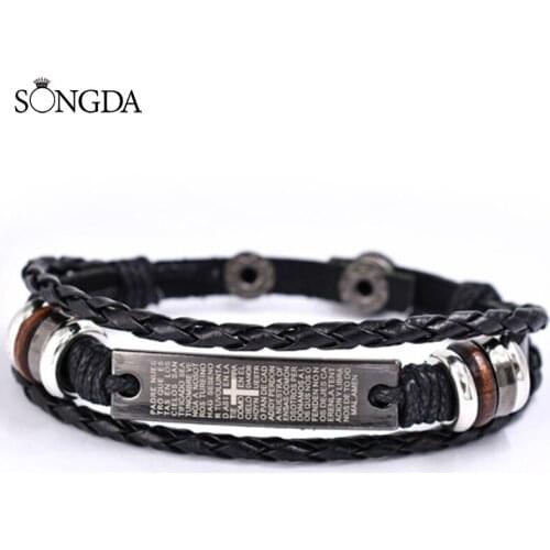 SONGDA Newest Religious Scripture Cross Multilayer Woven Leather Bracelet for Men and Women Religious Amulet Jewelry Decorations