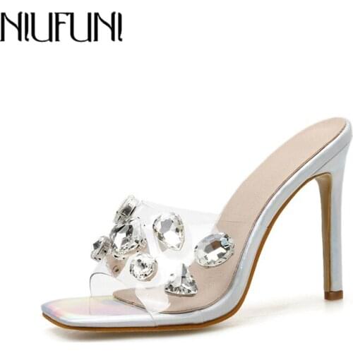 NIUFUNI 2020 New Fashion Womens Transparent Slippers 11CM Thin High Heels Rhinestone Sandals Casual Women Shoes Plus Size 42