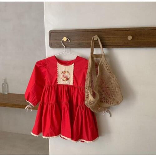 2021 Fall New Children Baby Red Embroidery Bow Dresses , Girls Princess Sweet Clothes 6 pieces/lot