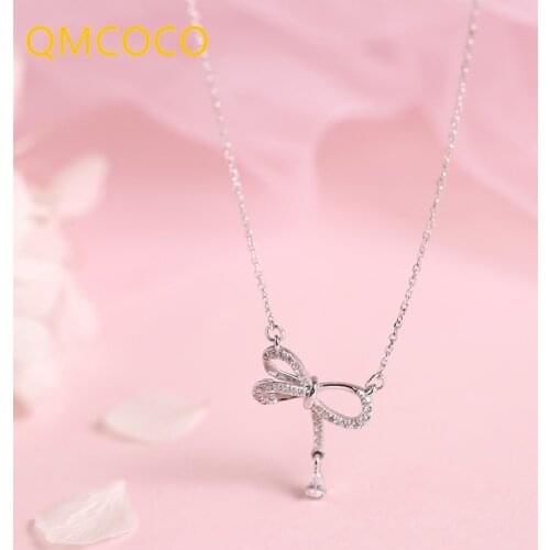 QMCOCO 2021 New Style Delicate Sweet Romantic Bowknot Pendant Necklaces For Women Zircon Collarbone Necklace Jewelry Gifts