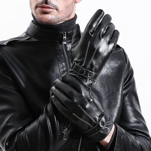 Men PU Leather Gloves Black Touch Screen Sheepskin Finger Gloves Wool Lining Winter Warm In Winter Driving Mittens handschoenen