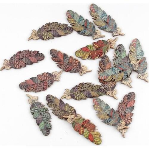20pcs 15x40mm Mixed Feather Wooden Buttons For Clothes Crafts Sewing Decorative Needlework Scrapbooking DIY Accessories
