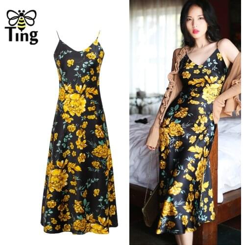 Tingfly Vintage Flower Floral Print Satin Silky Party Dinner Dresses Summer Strap Sexy Hot Goblincore Vestidos Traf Elbise Za