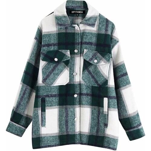 Vintage Stylish Pockets Oversized Plaid Jacket Coat Women 2020 Long Sleeve Loose Outerwear Chic Tops