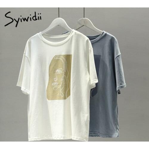 Syiwidii Womens T-shirts 2021 Summer Cotton Shorts Sleeve Harajuku White Top O-Neck Blue Character Print Woman T Shirt for Girl