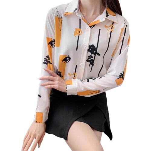 BGTEEVER Minimalist Loose Tree Bird Print Comfortable Long Sleeve Women Top Chiffon Office Blouse Shirt Summer Blouses 2021