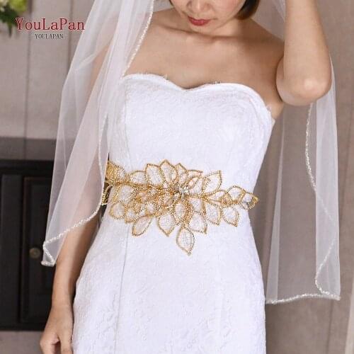 TOPQUEEN SH256-G Gold and Black Sash Belt Wedding Dress Belt for Women Wedding Bridal Belt Beaded Belt for Gown Sparkly Belt