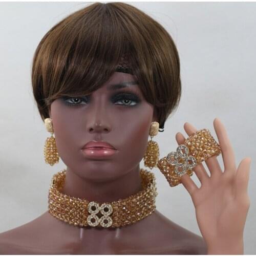 Champagne Gold Crystal Choker Women Necklace Set Gold Stand Nigerian Bride Gift Jewelry Free Shipping WD919