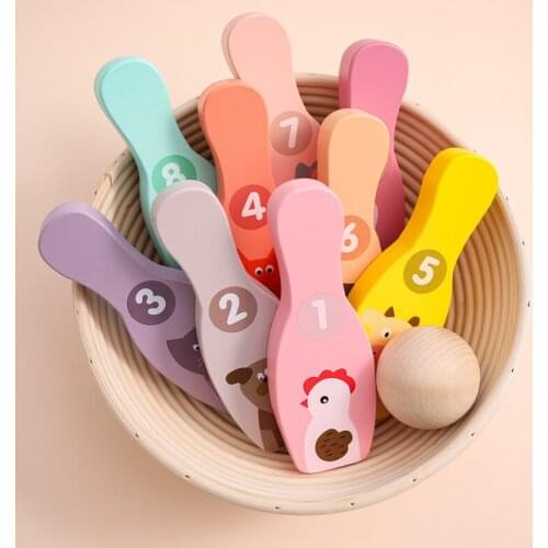 1Set Wooden Bowling Game Indoor Outdoor Toy for Toddlers Baby Preschool Cute Animal Pins Colorful Bowling Balls Educational Toy