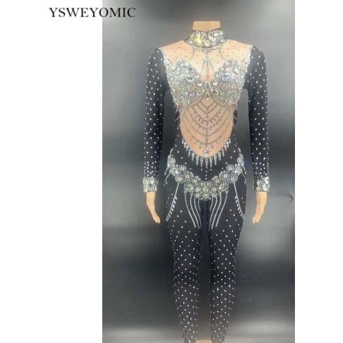 2021 Sparkly Rhinestone Crystal Costume Women Long Sleeve Spandex Nightclub Bar Prom Party Outfit Singer Dancer Stage Jumpsuit
