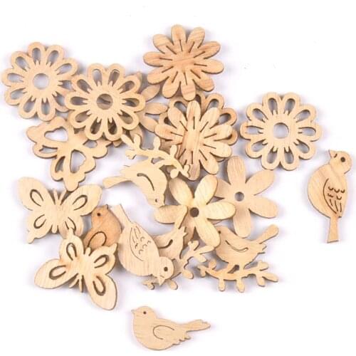 50pcs 22-30mm Natural Wood Crafts Butterflies and birds DIY Scrapbooking For Wooden Ornament Home Decoration m2504